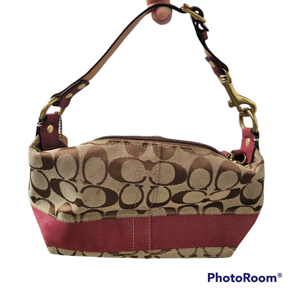 Coach Handle Pouch Khaki/Signature Red Stripe Leather and Canvas Hobo Mini Bag